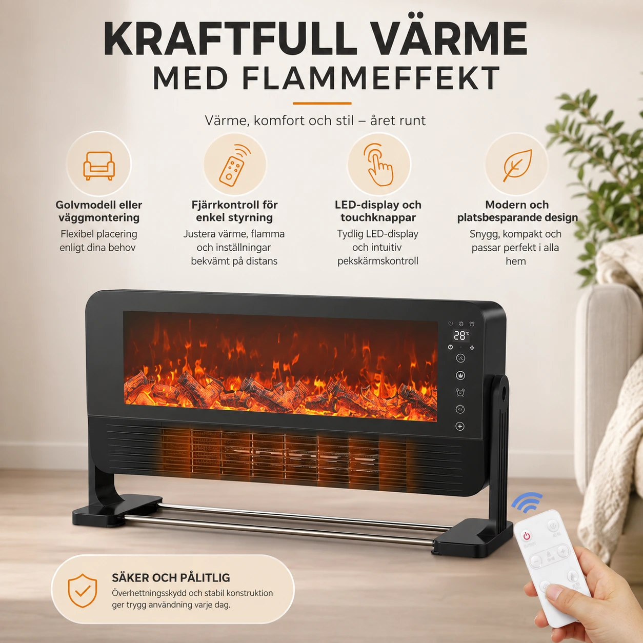 Sähkökäyttöinen lämpöpuhallin lattialle tai seinälle kaukosäätimellä