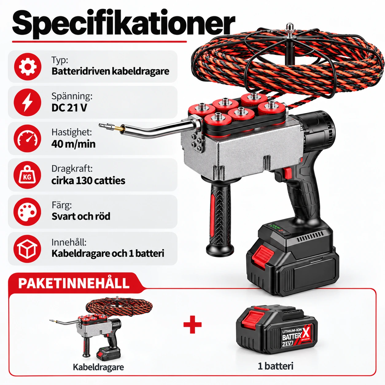 Batteridriven kabeldragare för el och nätverk, 21 V