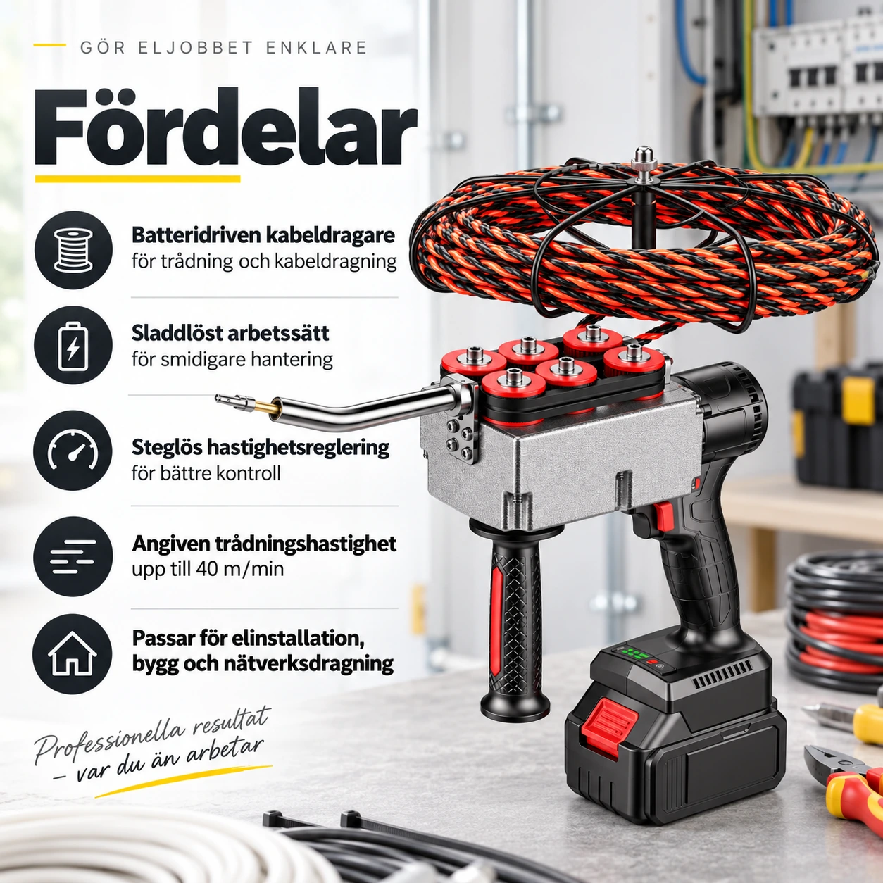Batteridriven kabeldragare för el och nätverk, 21 V