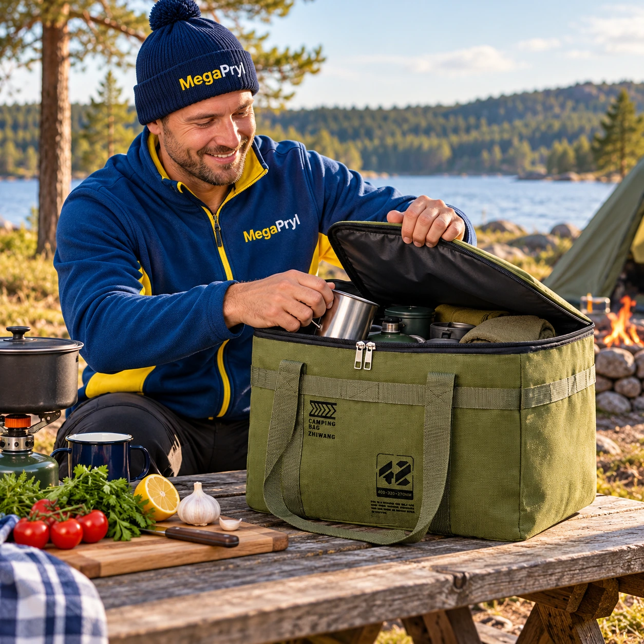 Campingförvaringsväska för köksutrustning med sidoficka