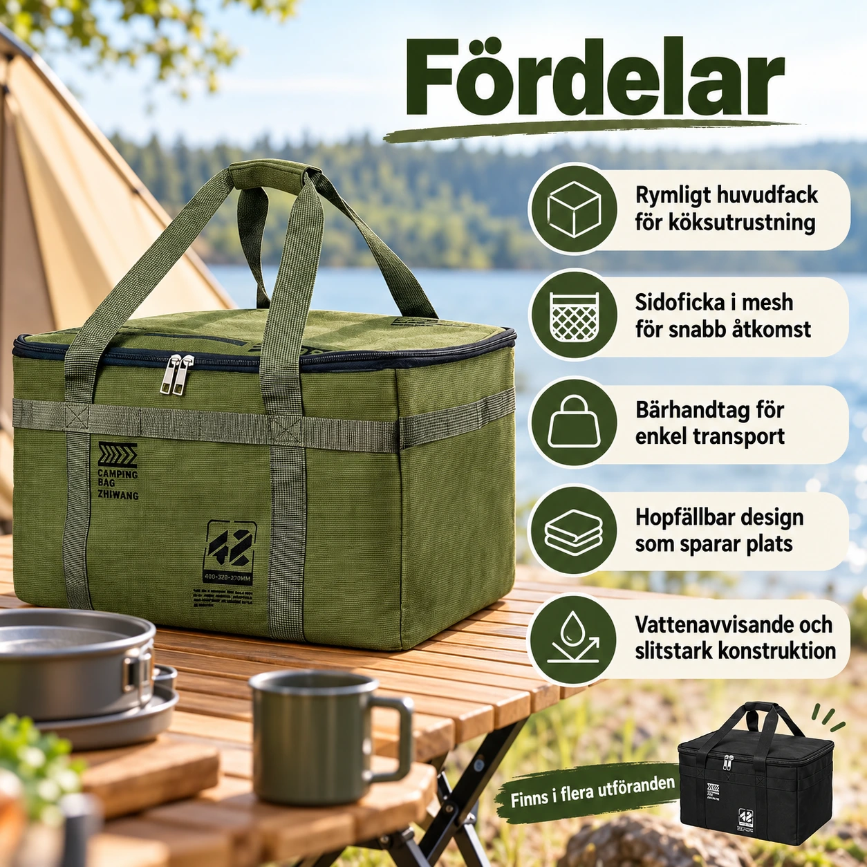Campingförvaringsväska för köksutrustning med sidoficka