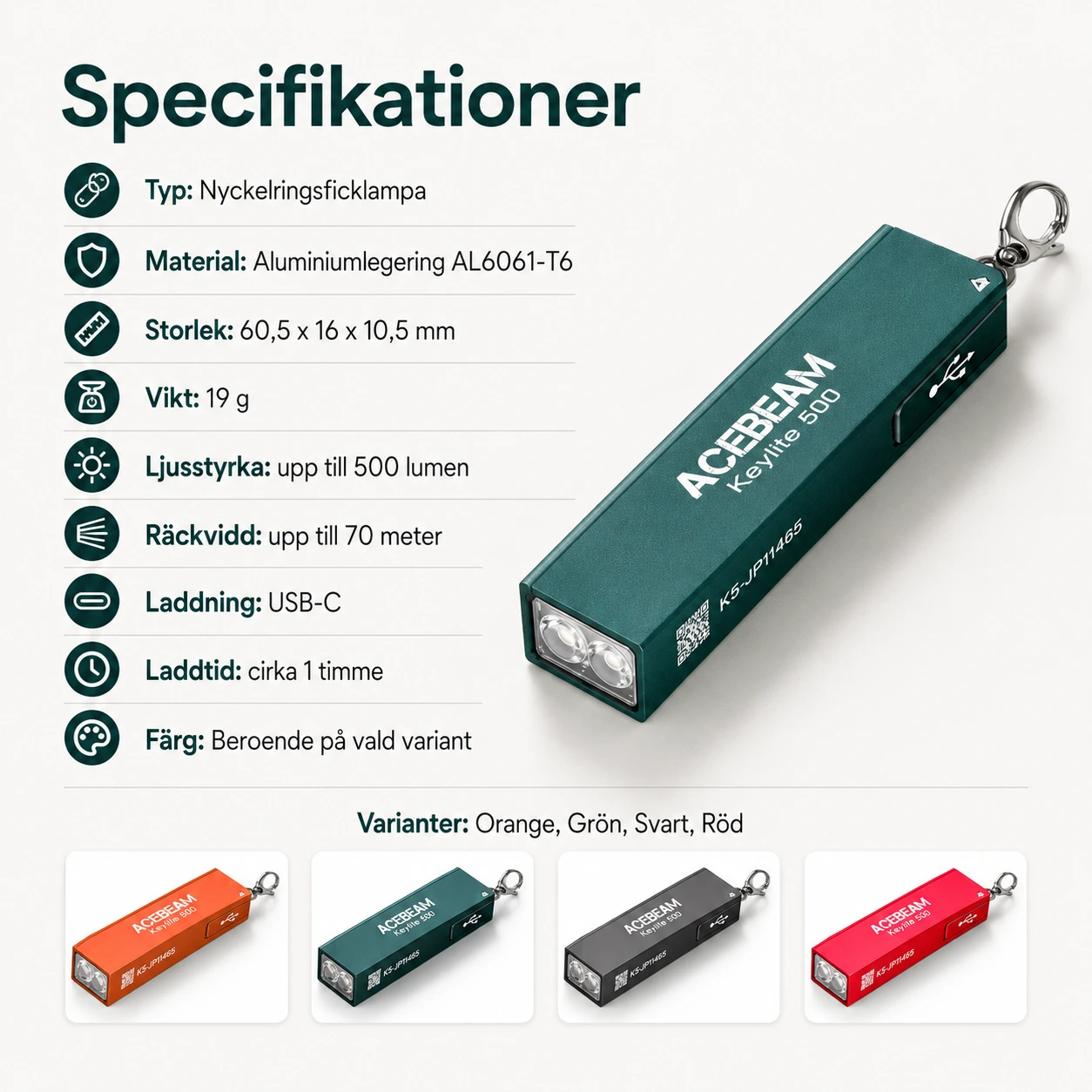 Nyckelringsficklampa uppladdningsbar med USB-C och 500 lumen