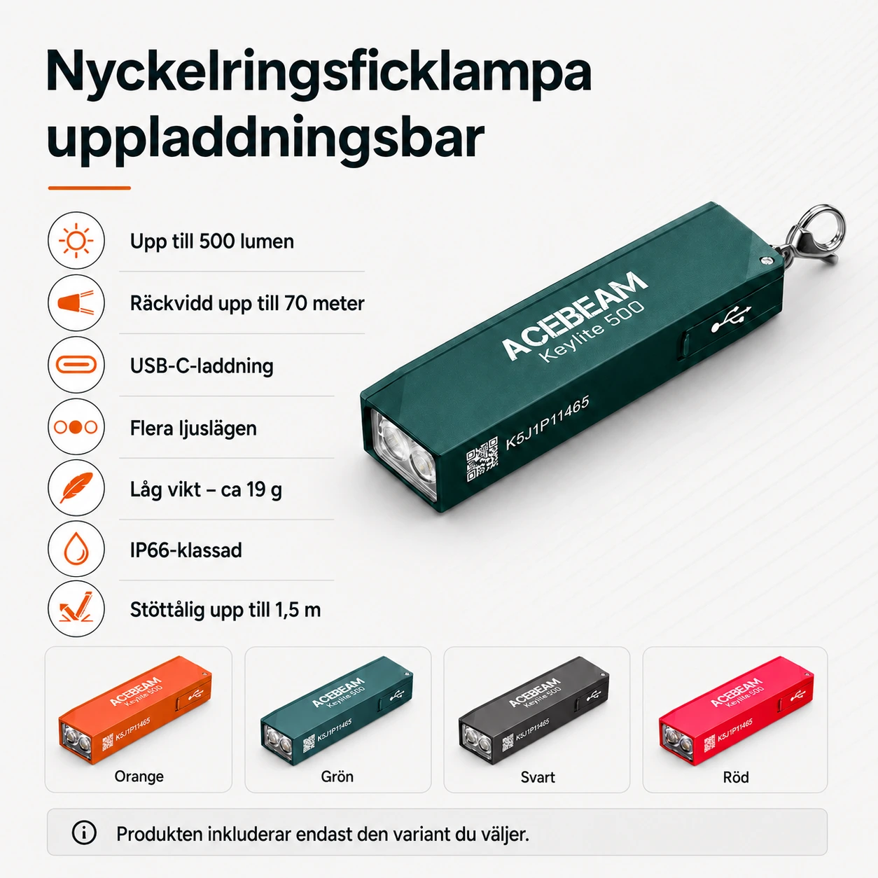 Nyckelringsficklampa uppladdningsbar med USB-C och 500 lumen