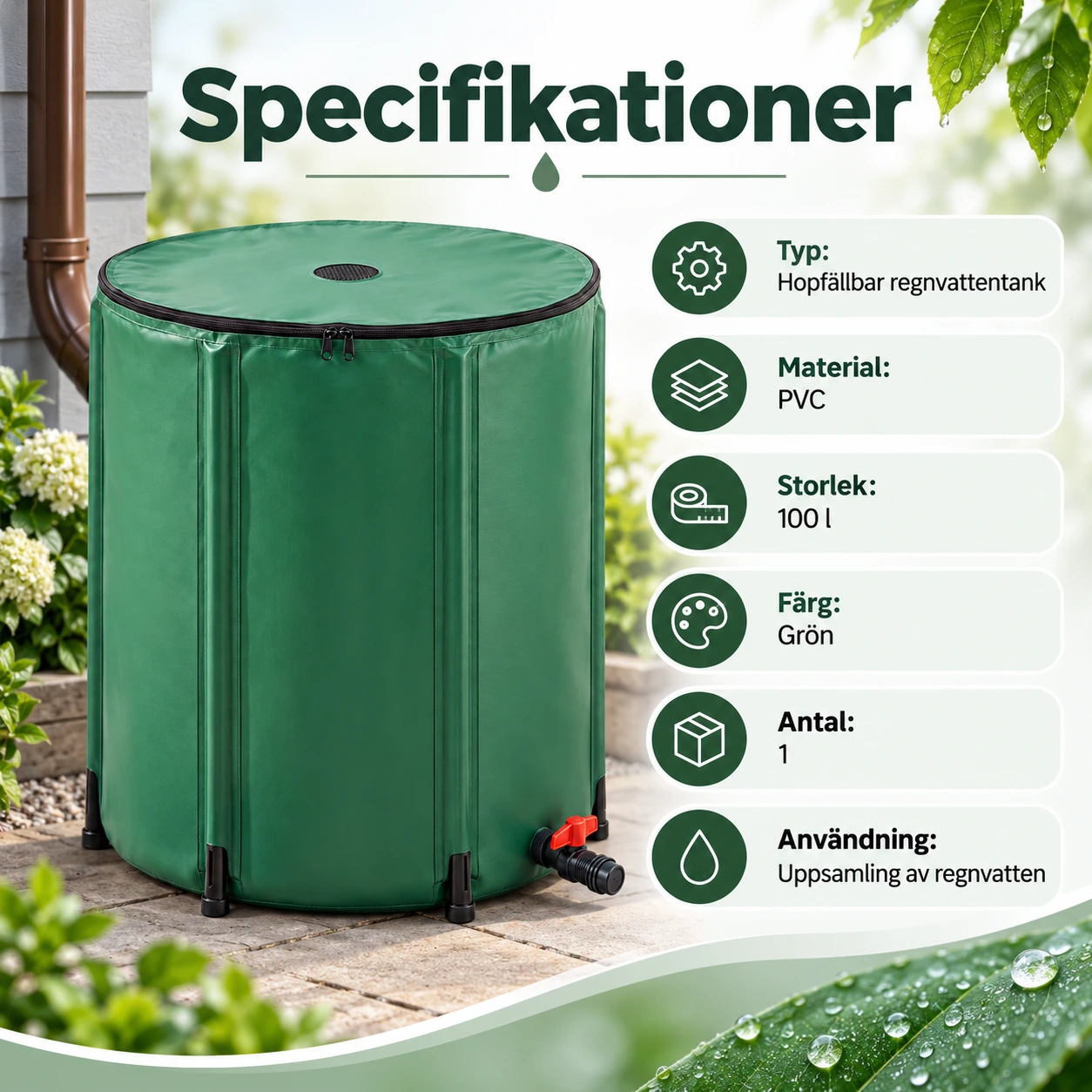 Hopfällbar regnvattentank 100 l med kran