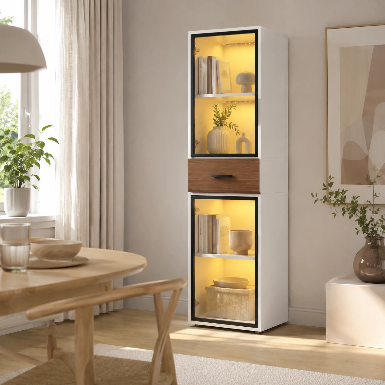 Vitrinskåp med LED-belysning och låda