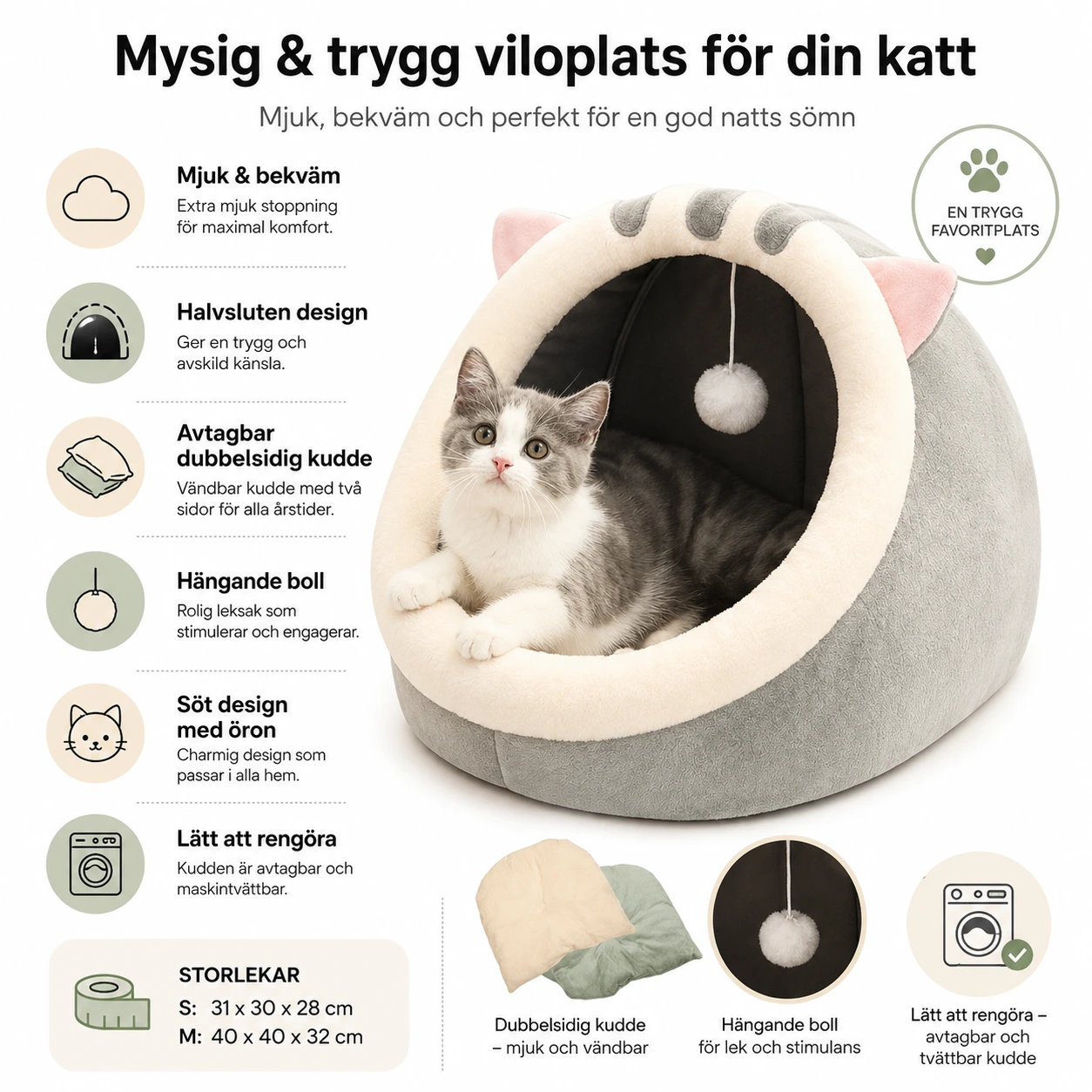 Kattbädd Grotta med Öron – Mjuk Sovplats för Katt