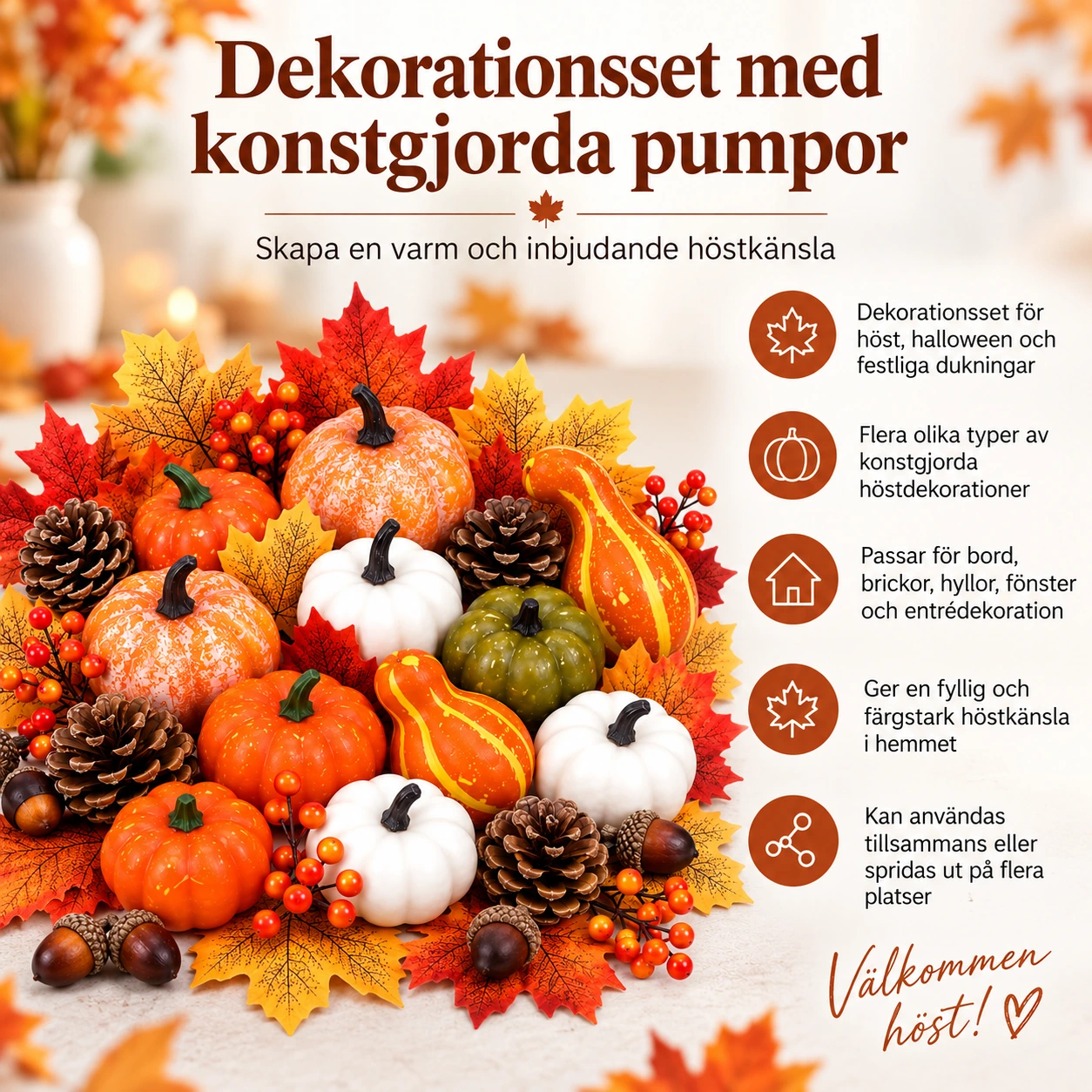 Dekorationsset med konstgjorda pumpor för höst och halloween