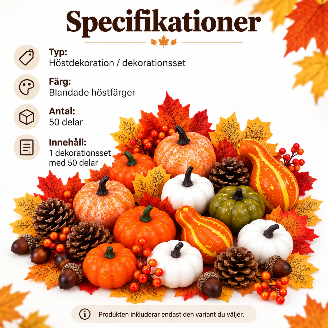 Dekorationsset med konstgjorda pumpor för höst och halloween