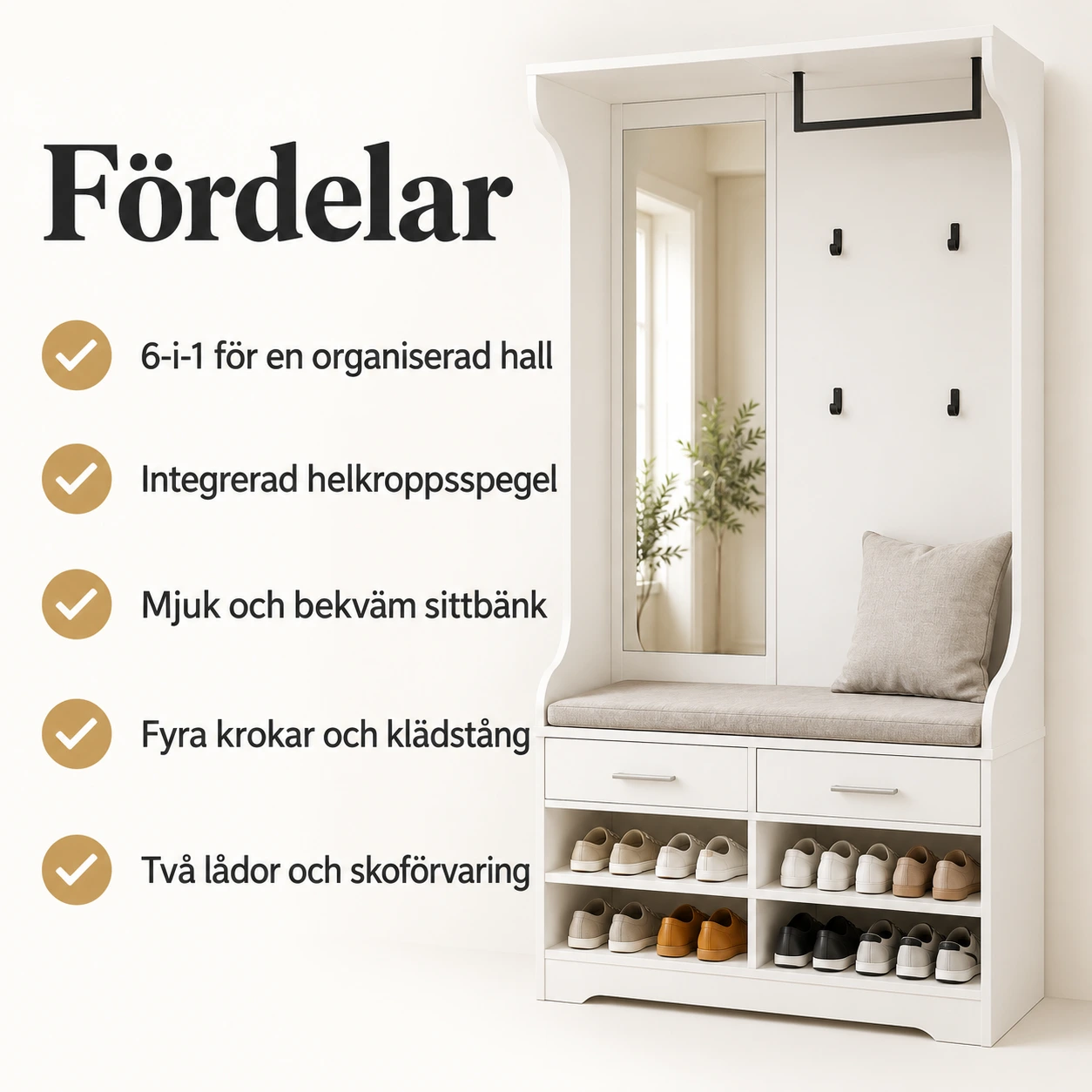 Hyllmöbel för hall med spegel, skohylla och lådor