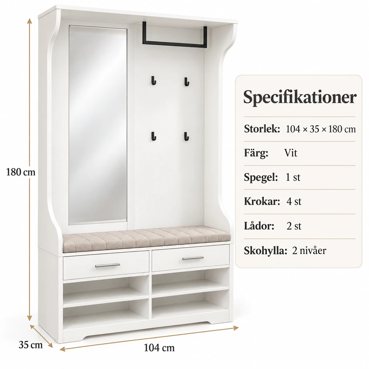 Hyllmöbel för hall med spegel, skohylla och lådor