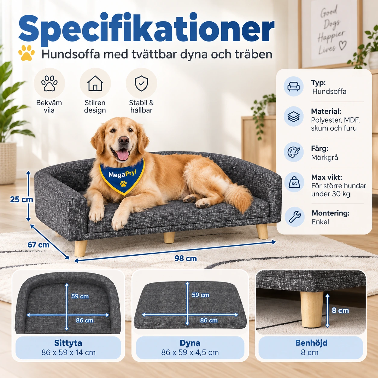 Hundsoffa med tvättbar dyna och träben