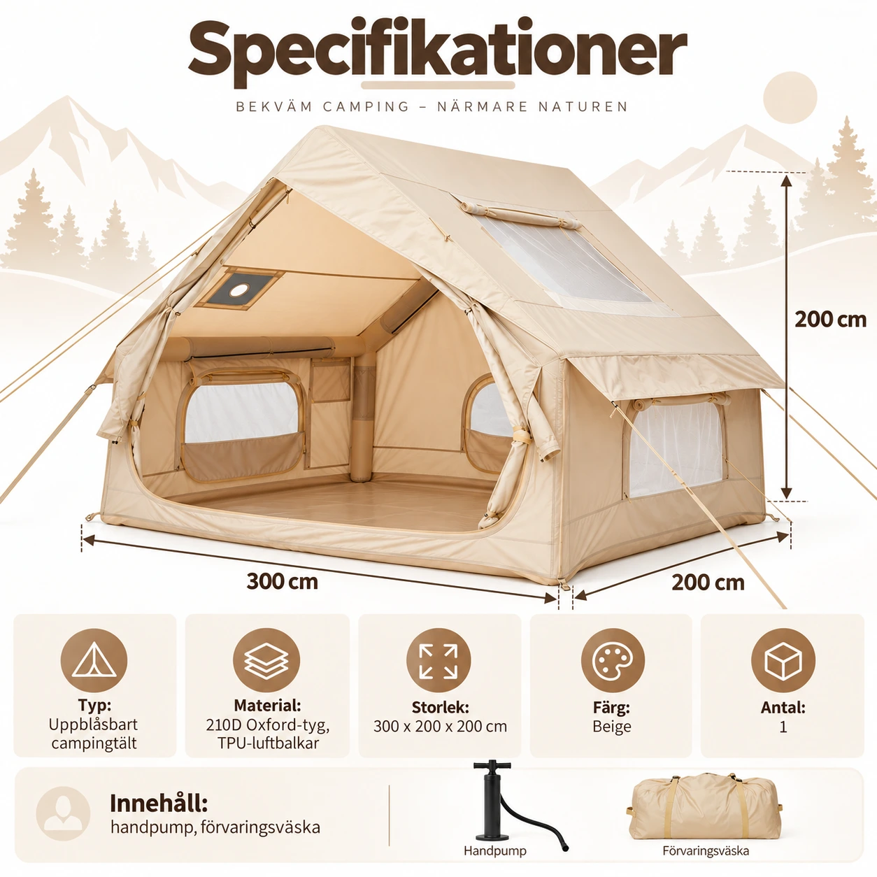 Ilmatäytteinen retkeilyteltta 2–4 hengelle käsipumpulla
