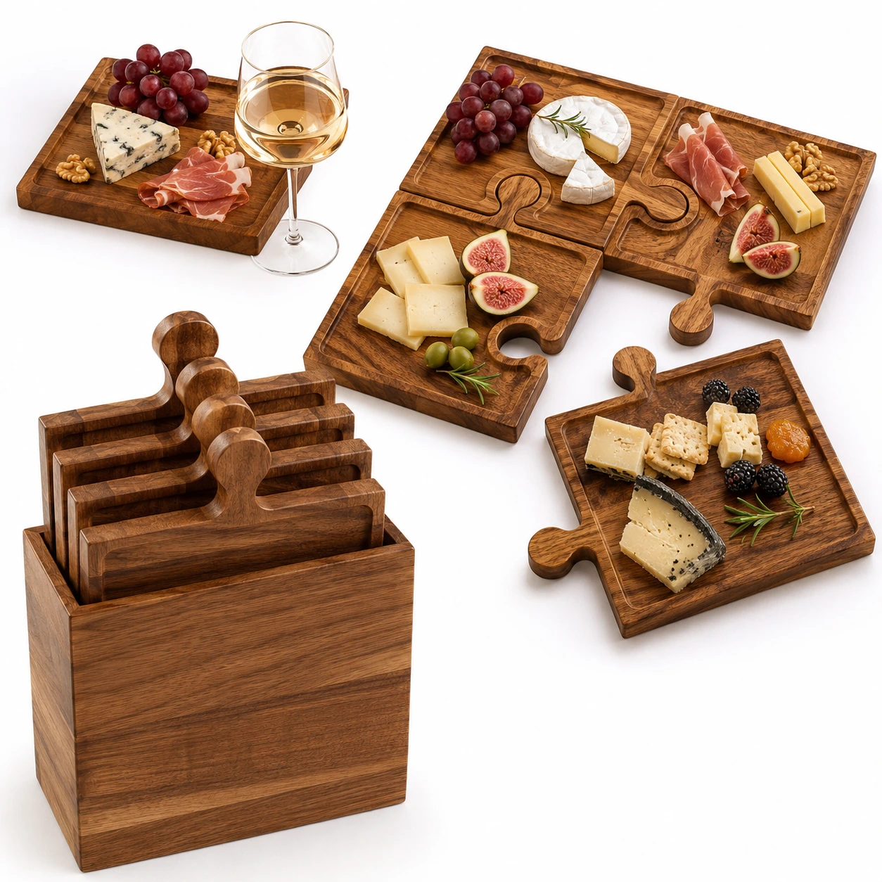 Träbrickor Pussel Charcuterie – 4 Delar med Ställ