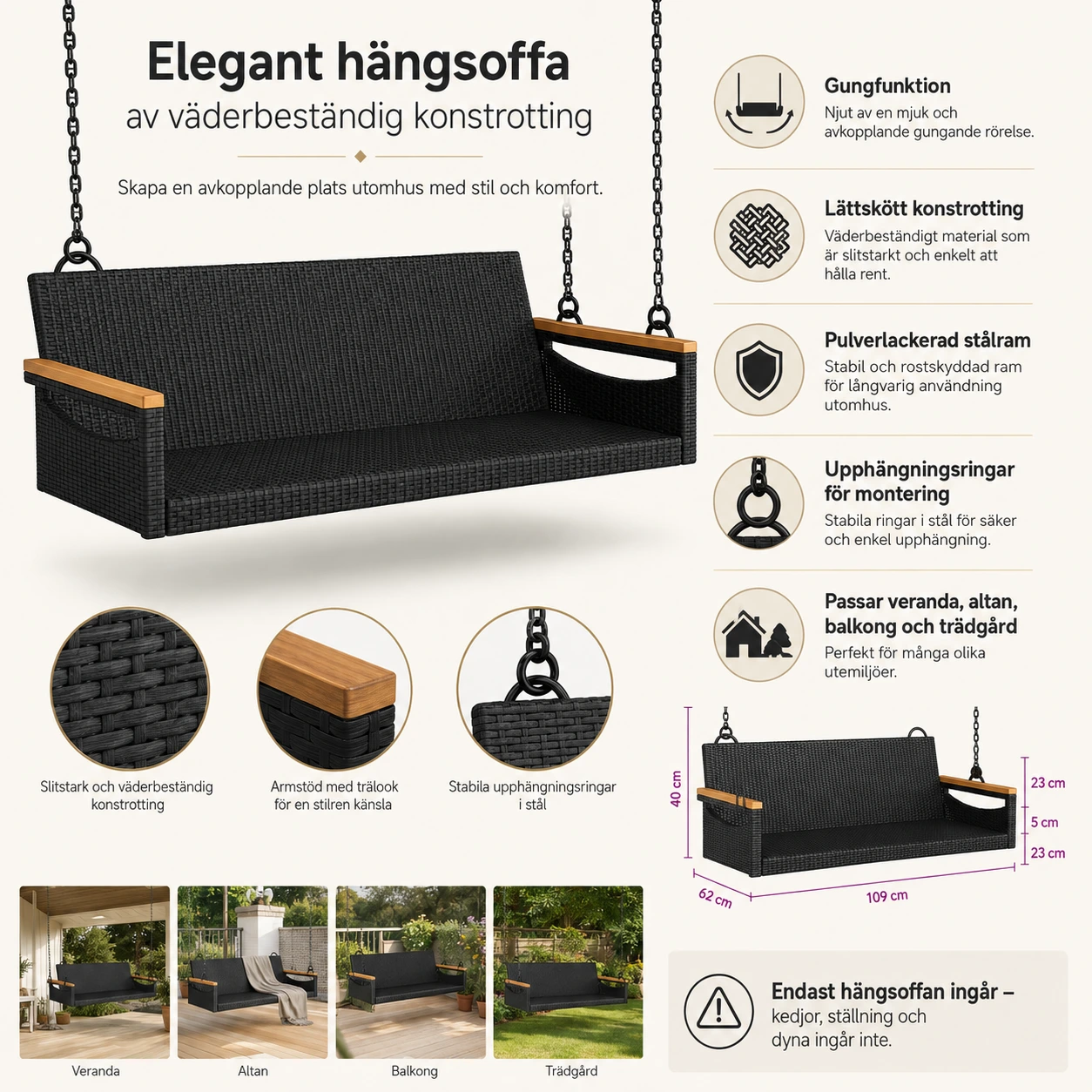 Hängsoffa för utomhusbruk 109 x 62 x 40 cm