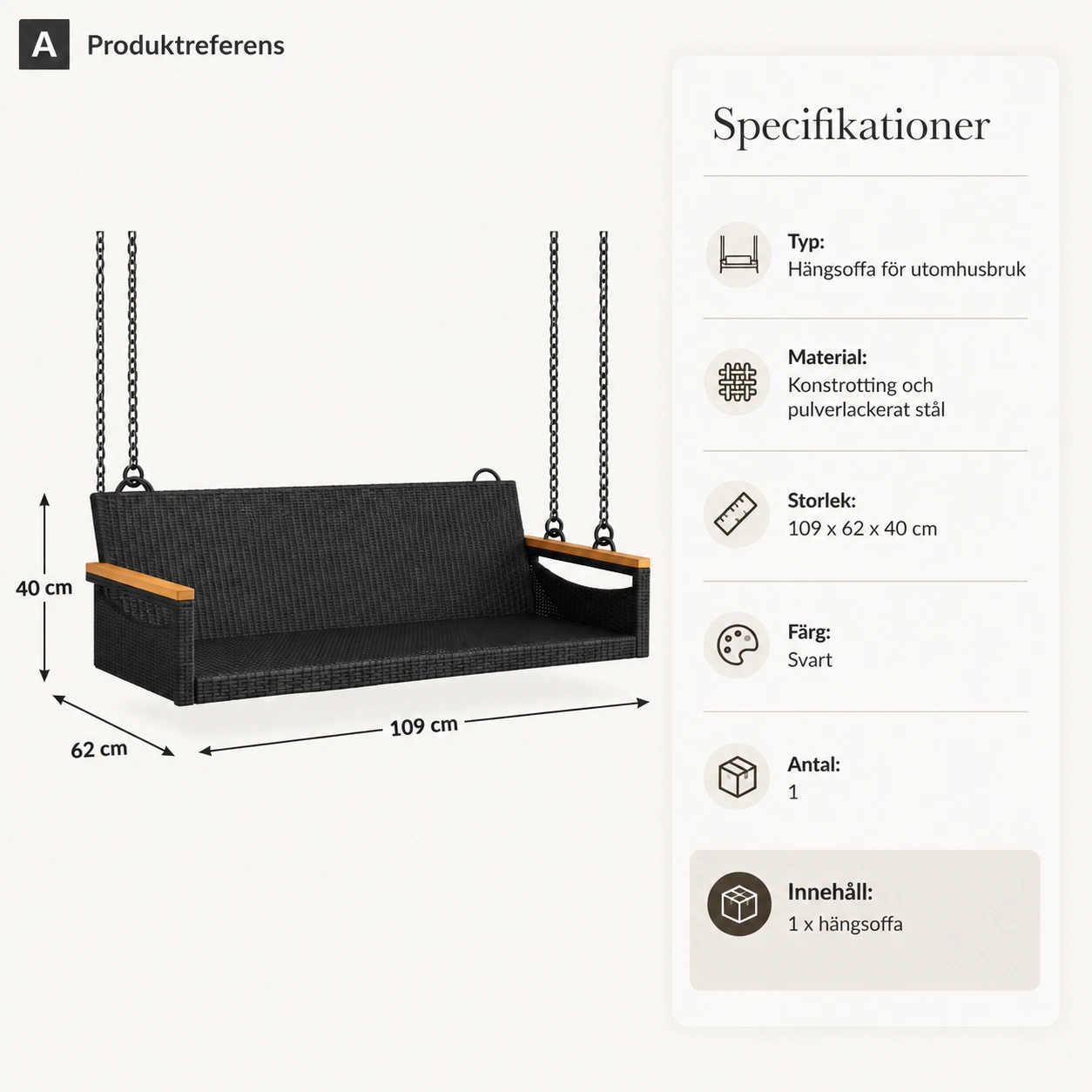 Hängsoffa för utomhusbruk 109 x 62 x 40 cm