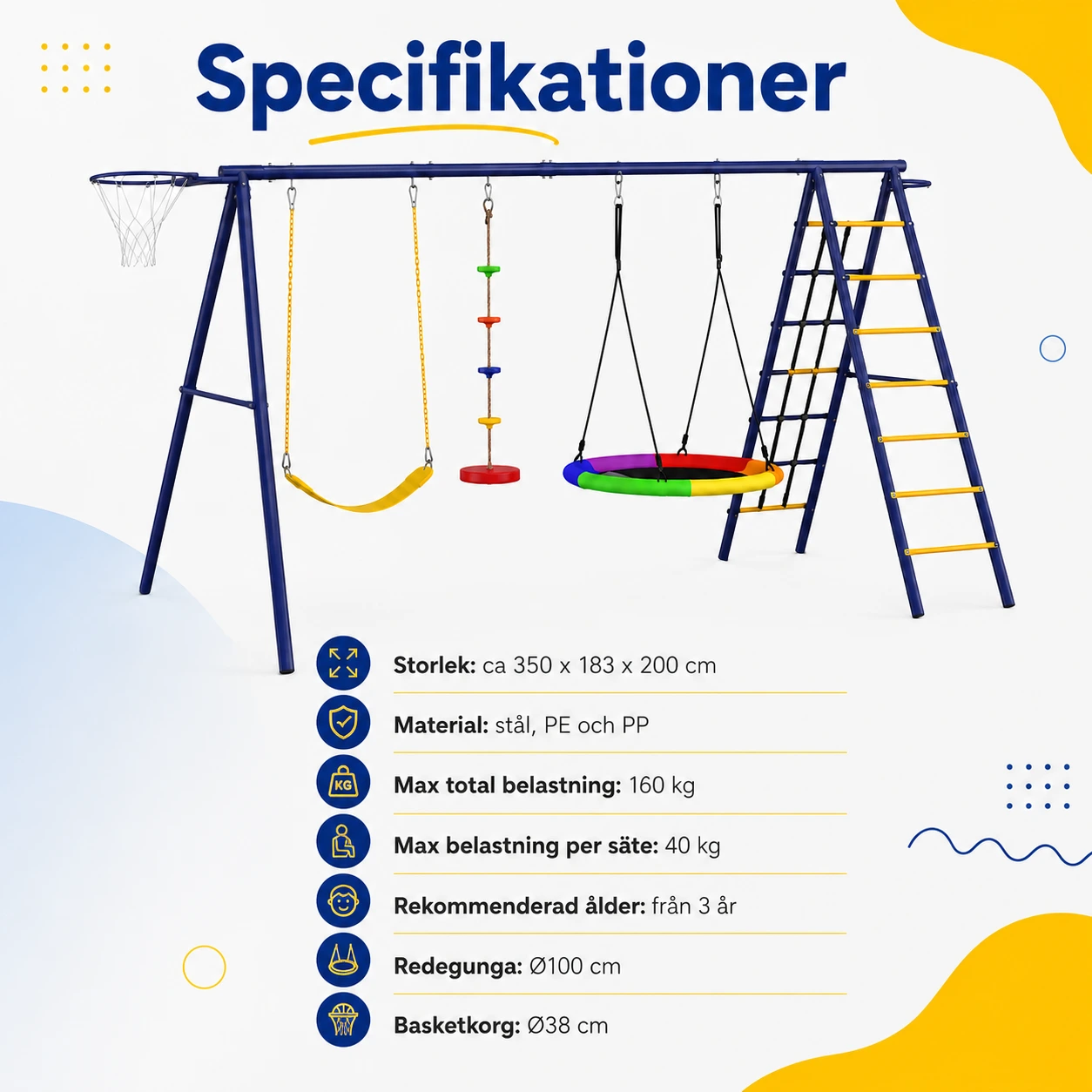 Aiyaplay Gungställning 6-i-1 med Gunga, Redegunga och Basketkorg