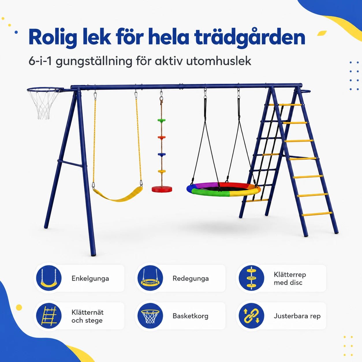 Aiyaplay Gungställning 6-i-1 med Gunga, Redegunga och Basketkorg
