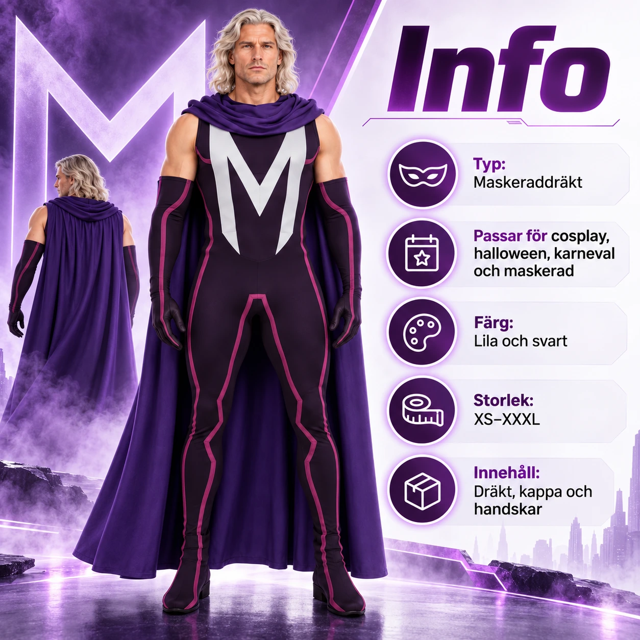 Violetti M-logoasu viitalla ja pitkillä käsineillä