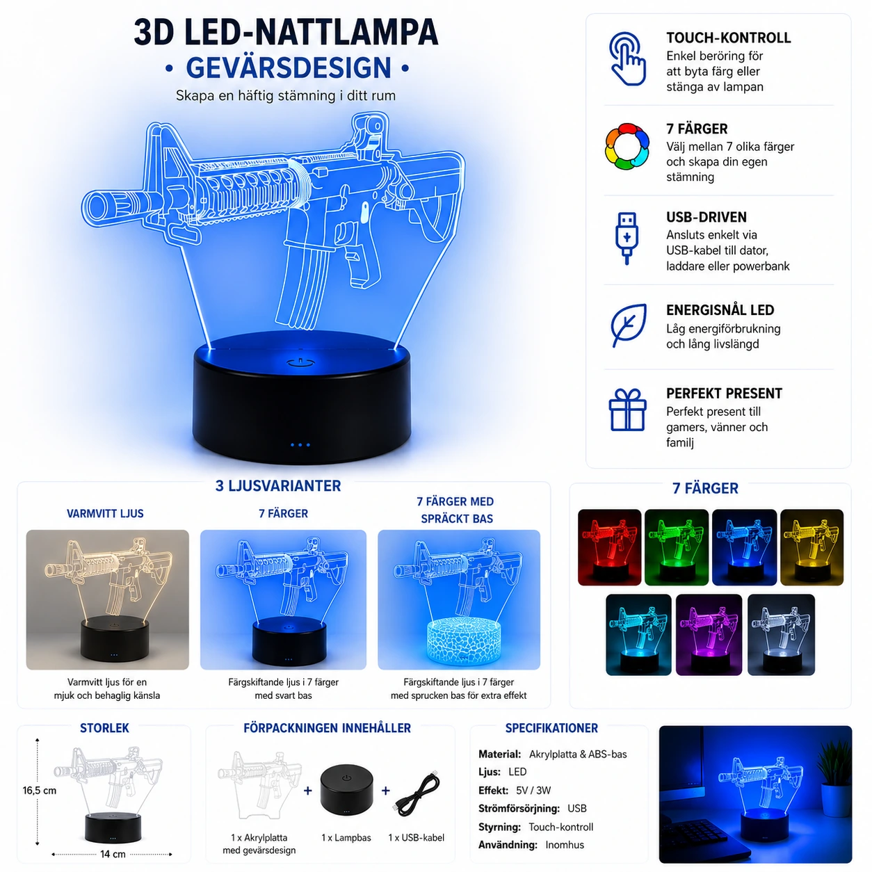 Nattlampa 3D LED – Gevärsdesign med 7 Färger