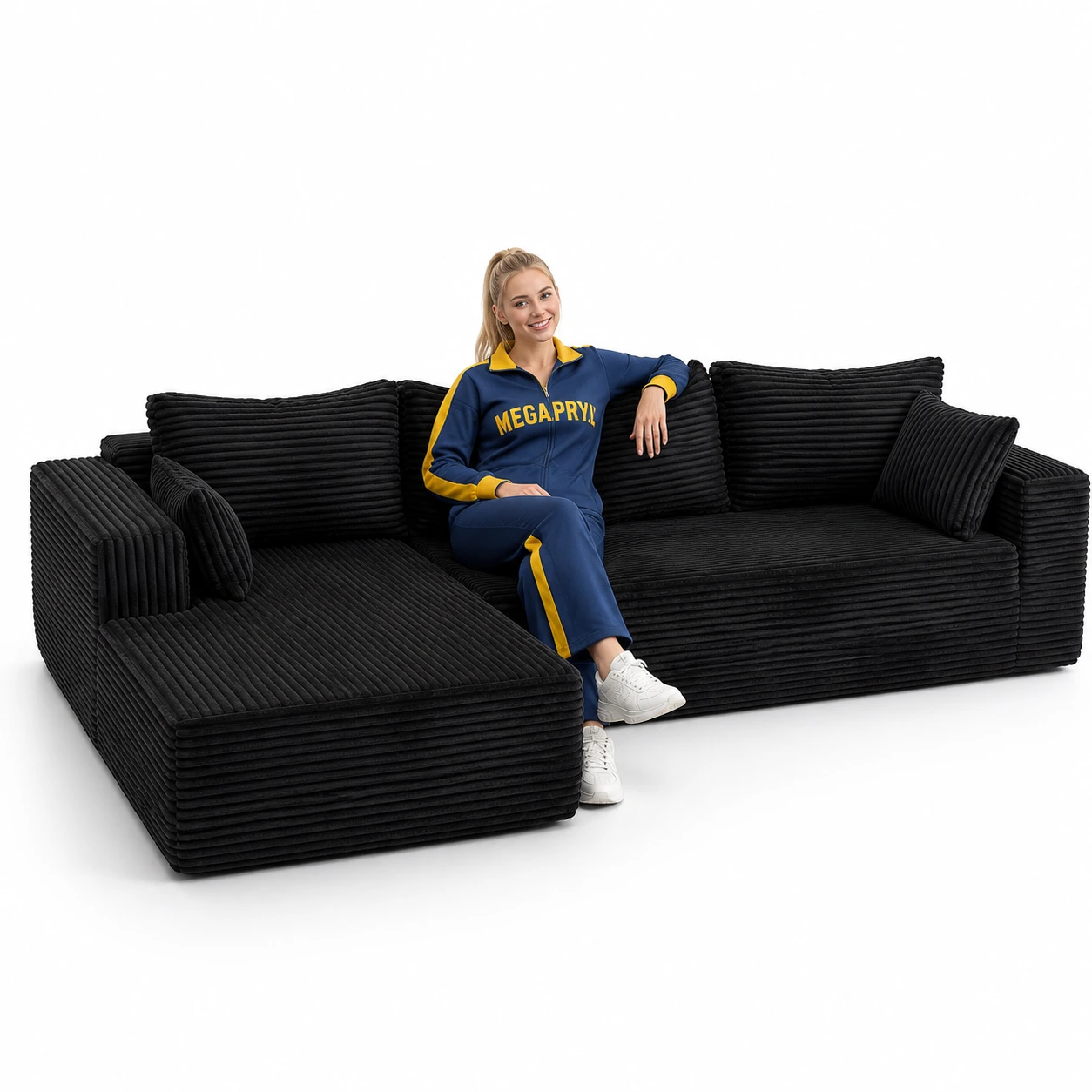 Soffa 3-Sits L-Formad i Manchester Svart med Kuddar