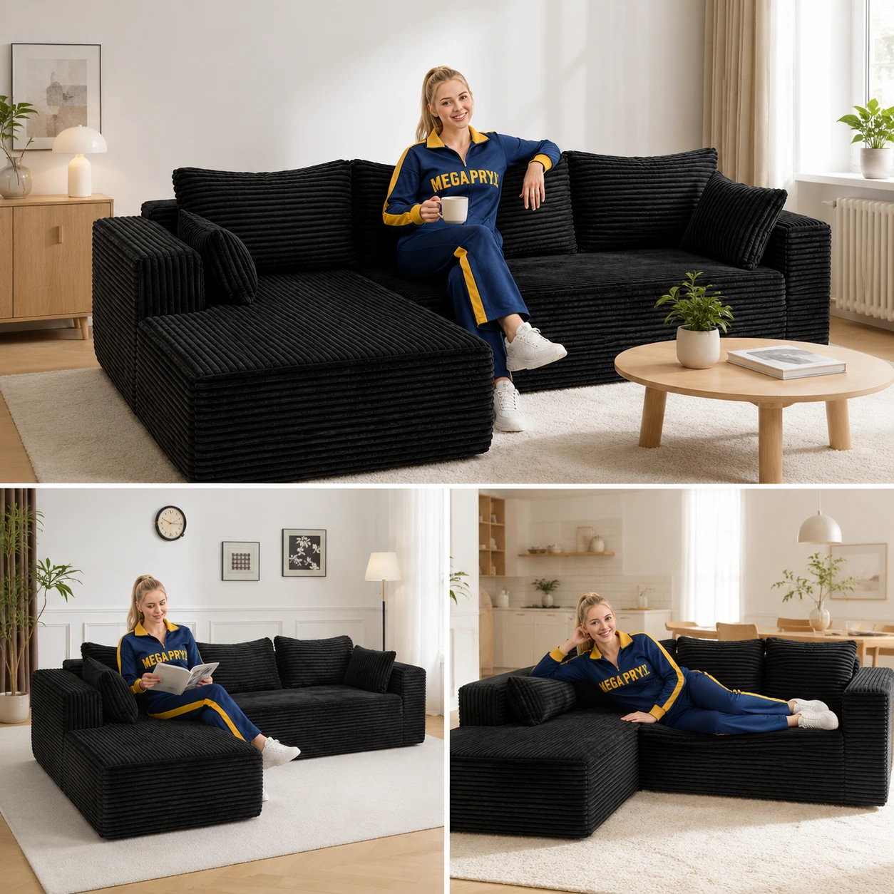 Soffa 3-Sits L-Formad i Manchester Svart med Kuddar