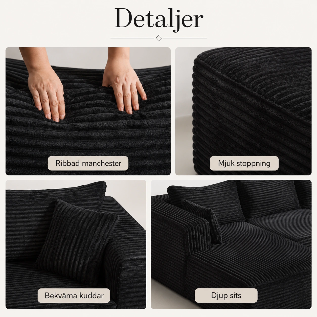 Soffa 3-Sits L-Formad i Manchester Svart med Kuddar