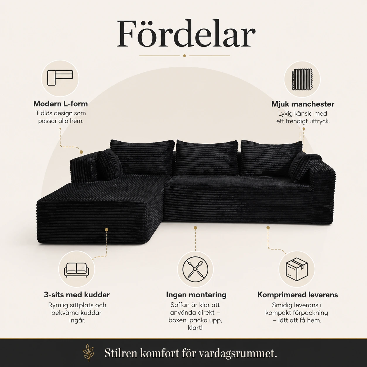 Soffa 3-Sits L-Formad i Manchester Svart med Kuddar