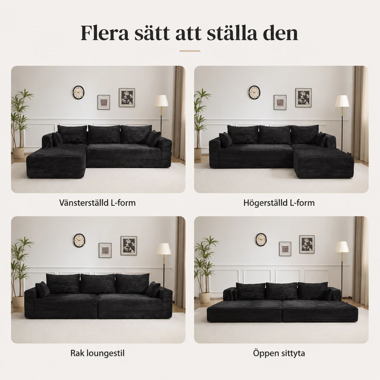 Soffa 3-Sits L-Formad i Manchester Svart med Kuddar