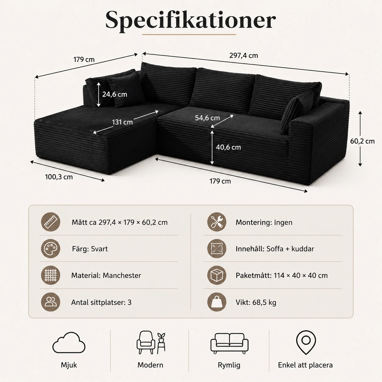 Soffa 3-Sits L-Formad i Manchester Svart med Kuddar