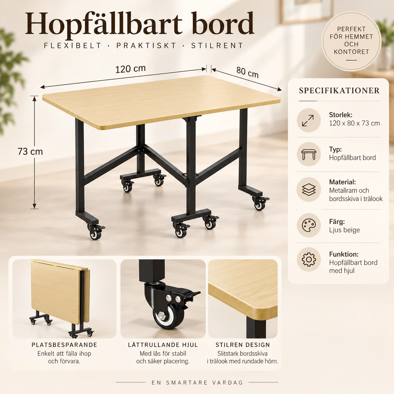 Hopfällbart matbord med hjul 120 x 80 cm
