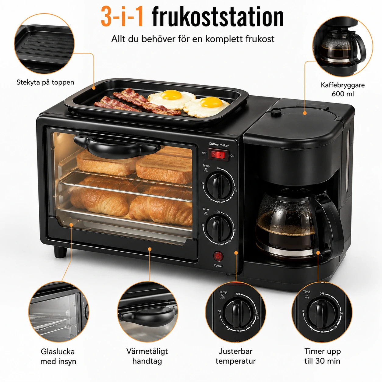 3-i-1 frukoststation med kaffebryggare och miniugn