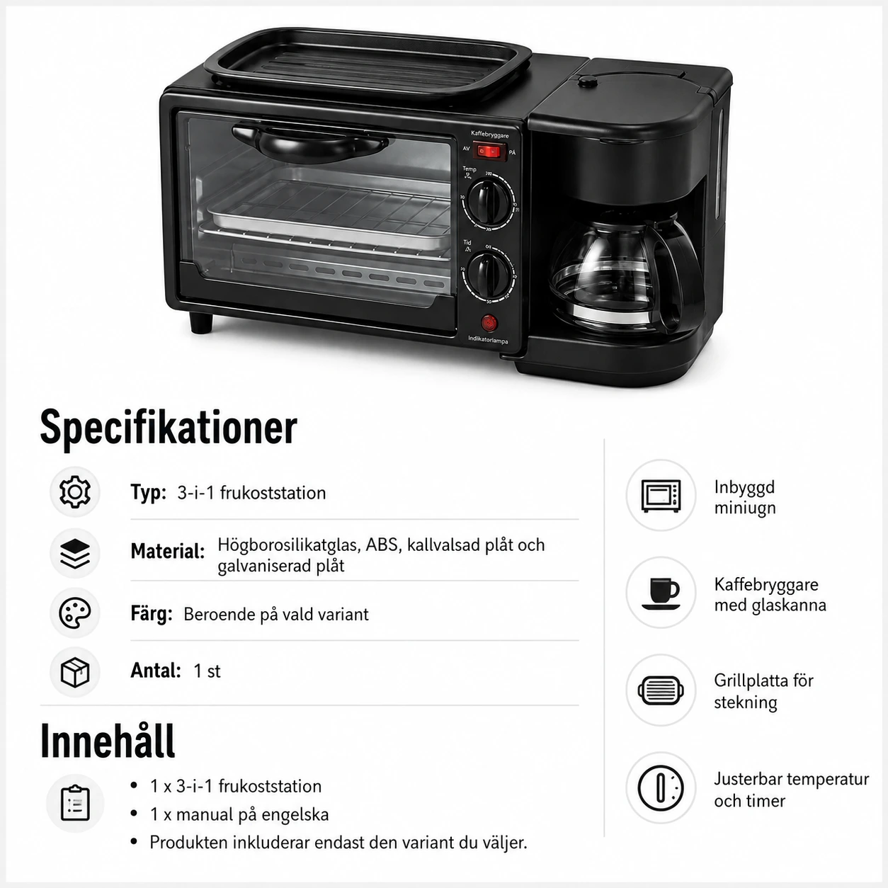 3-i-1 frukoststation med kaffebryggare och miniugn