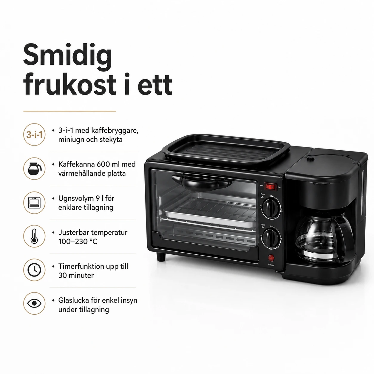 3-in-1-aamiaisasema kahvinkeittimellä ja miniuunilla