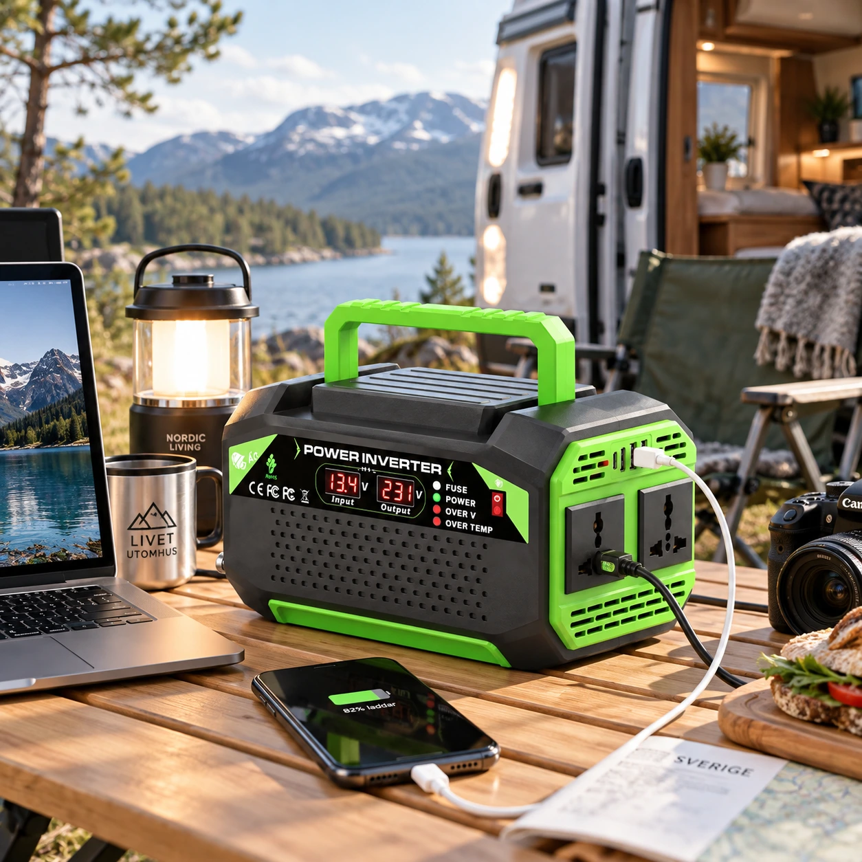Jännitemuunnin 12V–220V, USB-portit ja näyttö