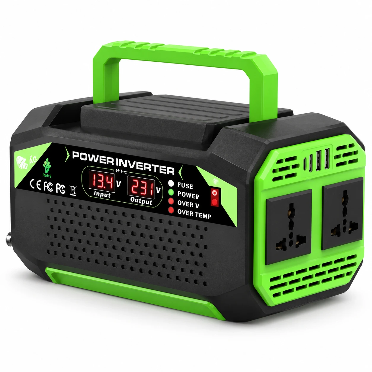 Jännitemuunnin 12V–220V, USB-portit ja näyttö
