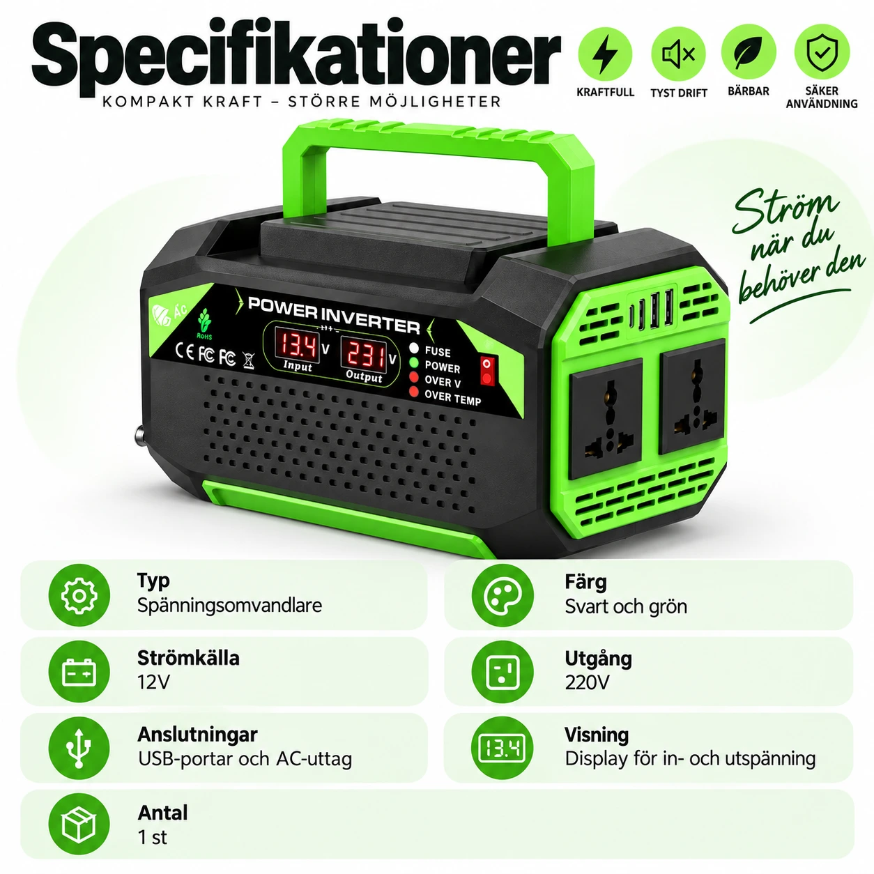 Spänningsomvandlare 12V till 220V med USB och display