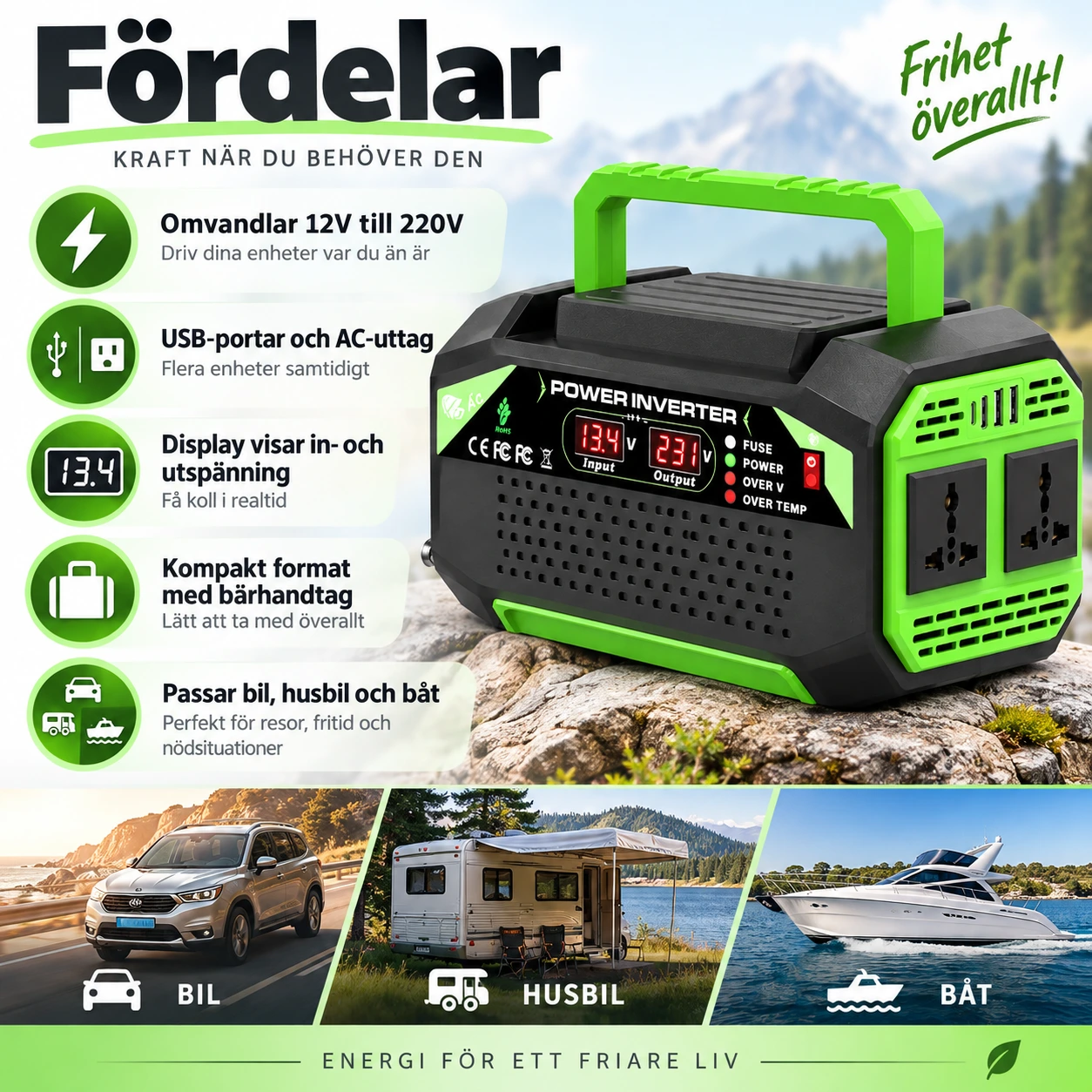 Spänningsomvandlare 12V till 220V med USB och display