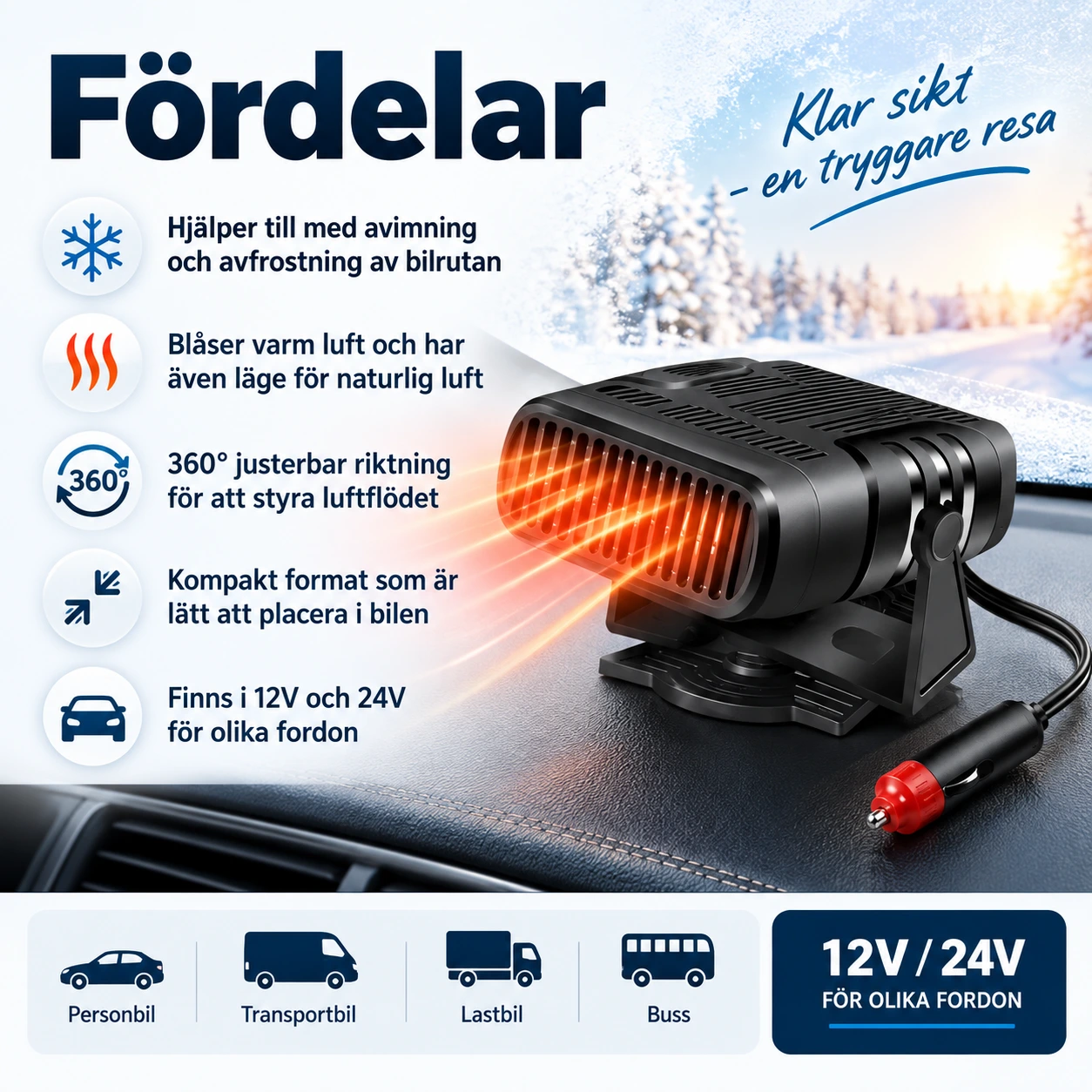 Kupévärmare för bil 12V/24V med avfrostning och 360° justering