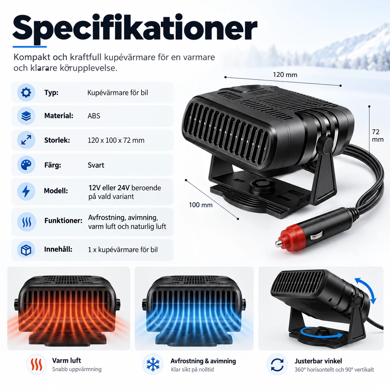 Kupévärmare för bil 12V/24V med avfrostning och 360° justering