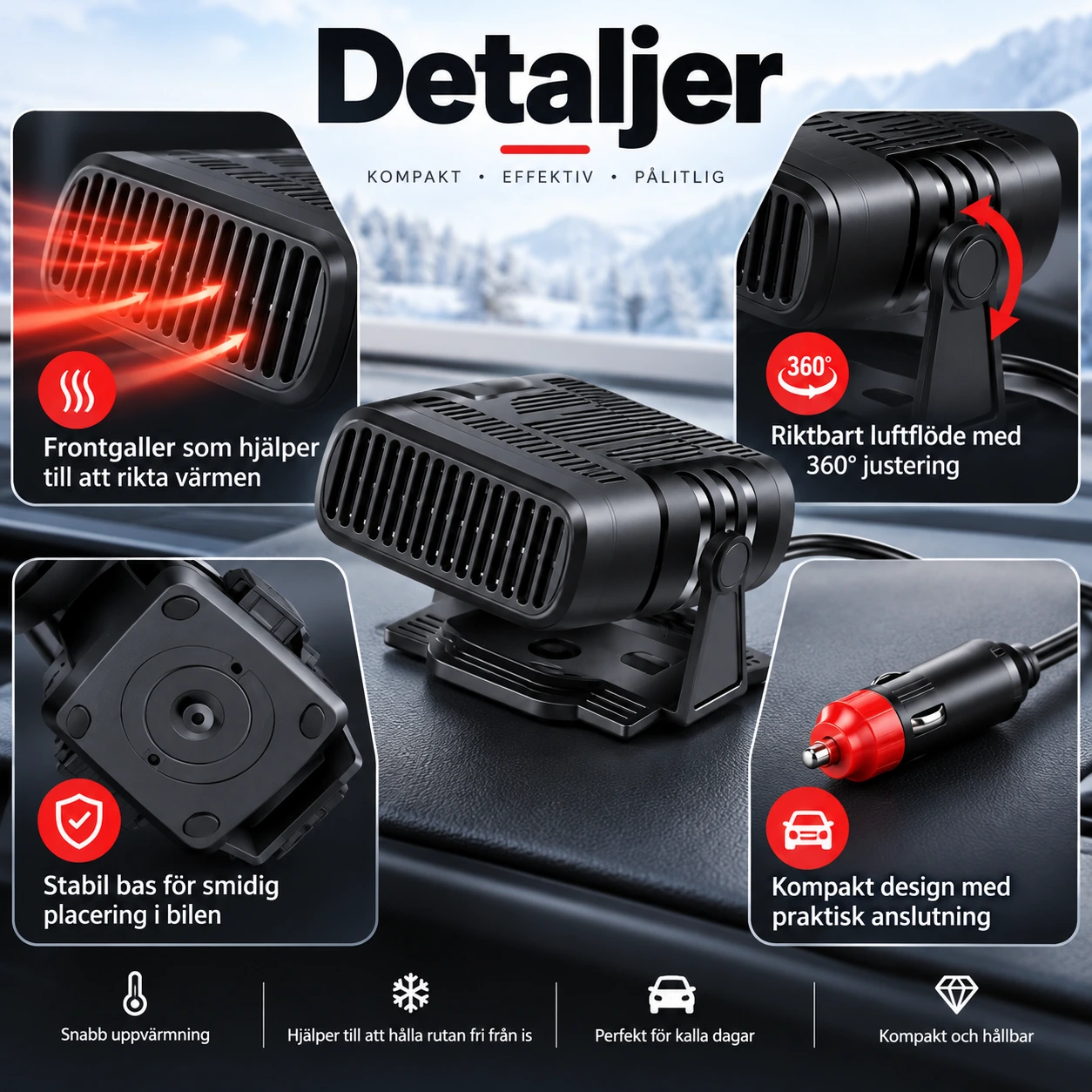 Auton sisätilanlämmitin 12V/24V, sulatus ja 360° säätö