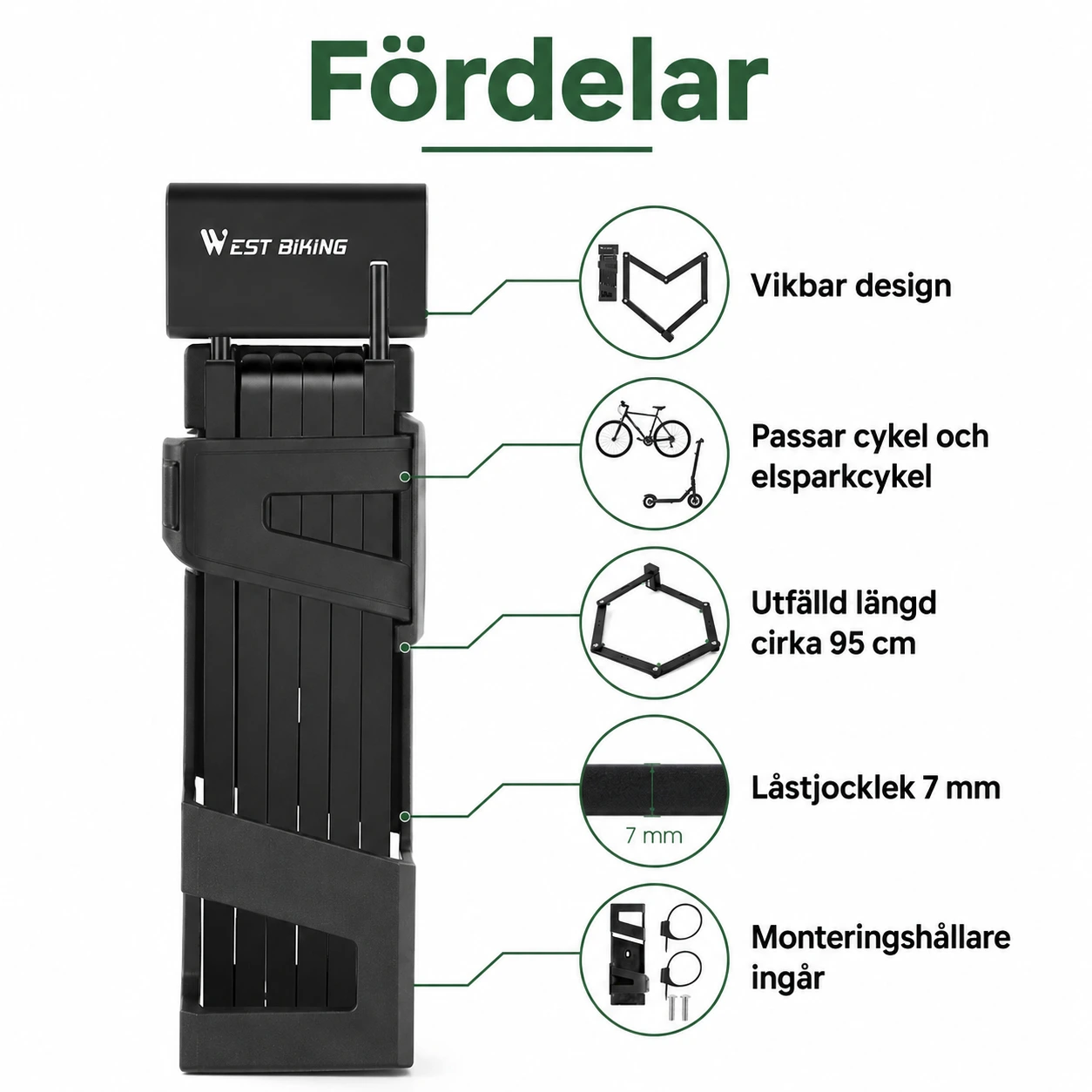Vikbart cykellås för cykel och elsparkcykel