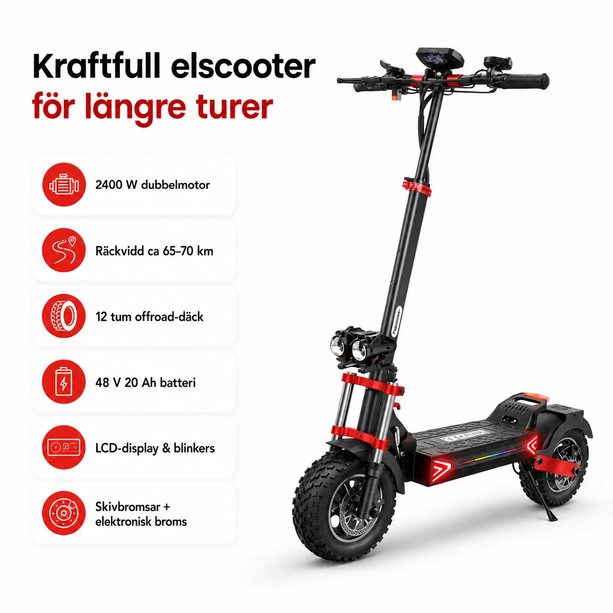 Elscooter 12 Tum Dubbelmotor 2400 W med 20 Ah Batteri