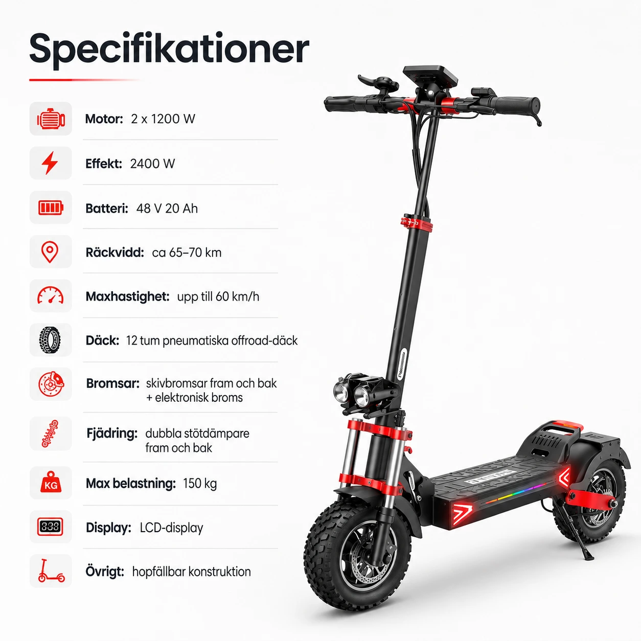 Elscooter 12 Tum Dubbelmotor 2400 W med 20 Ah Batteri