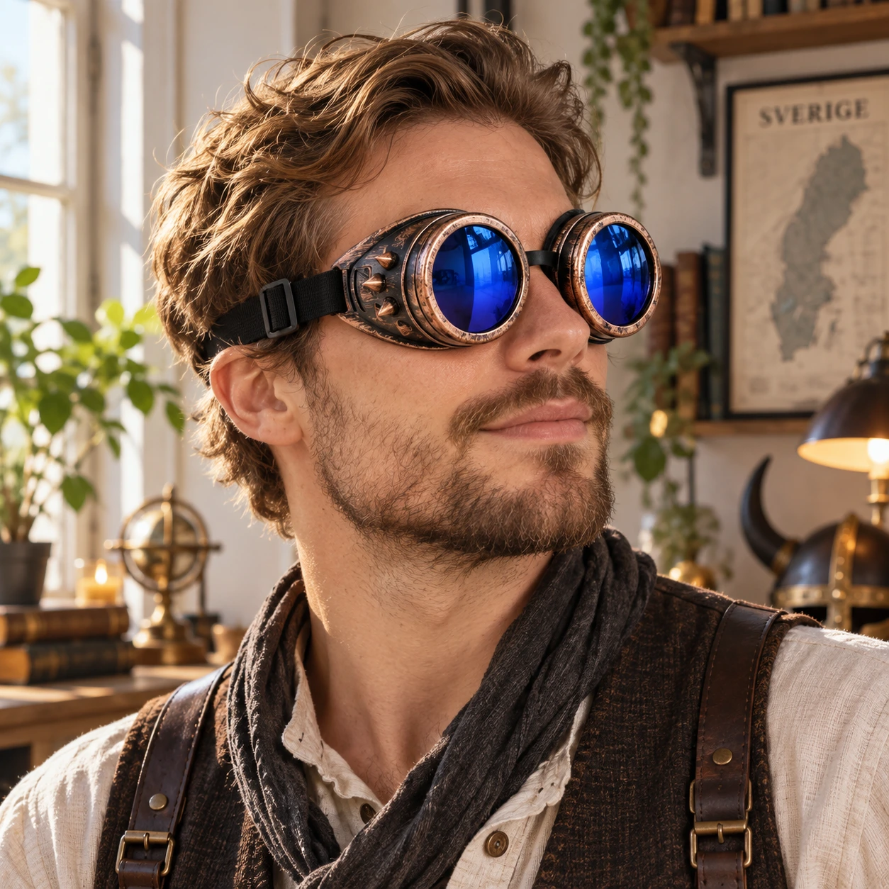 Brons Steampunk Skyddsglasögon med Blå Linser