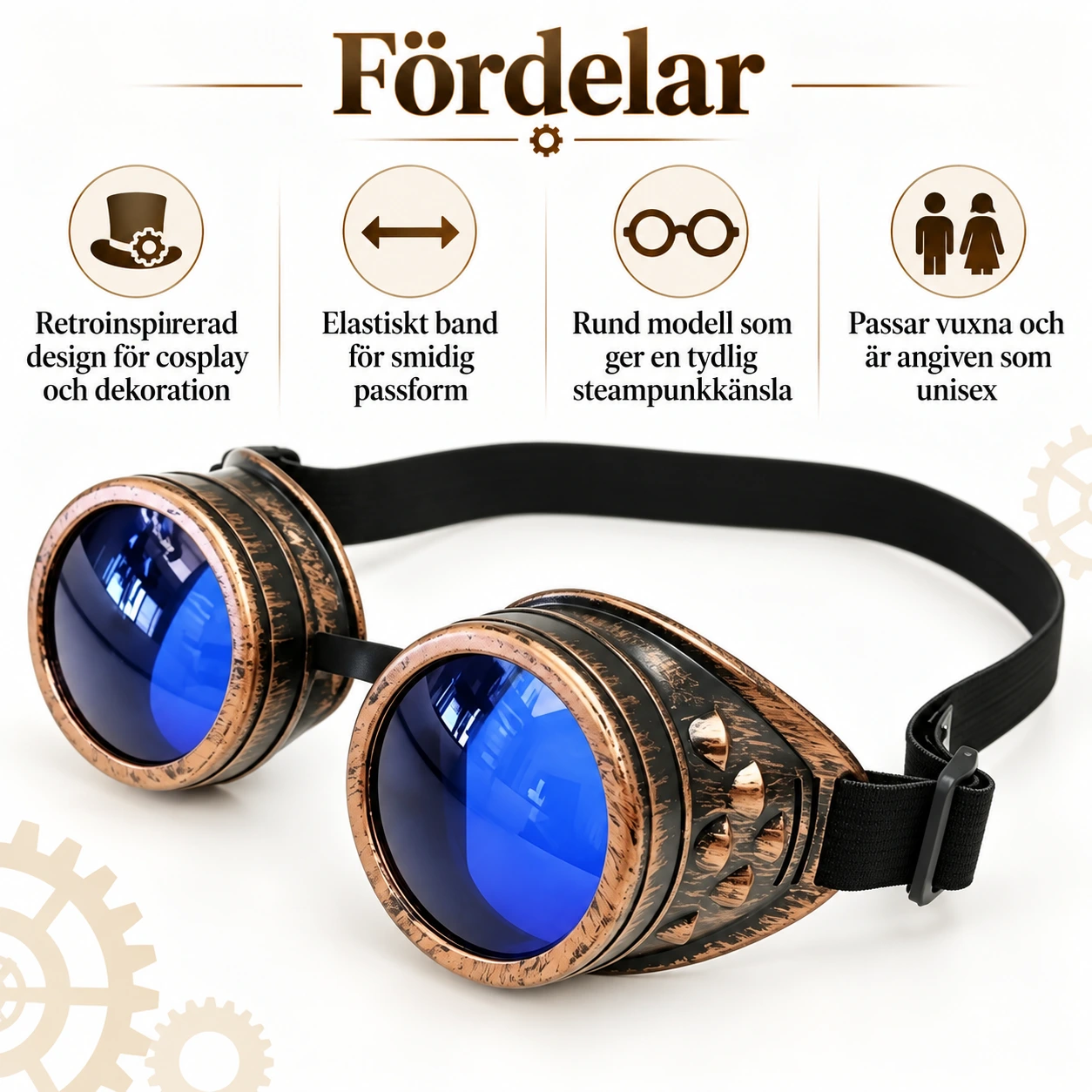 Brons Steampunk Skyddsglasögon med Blå Linser