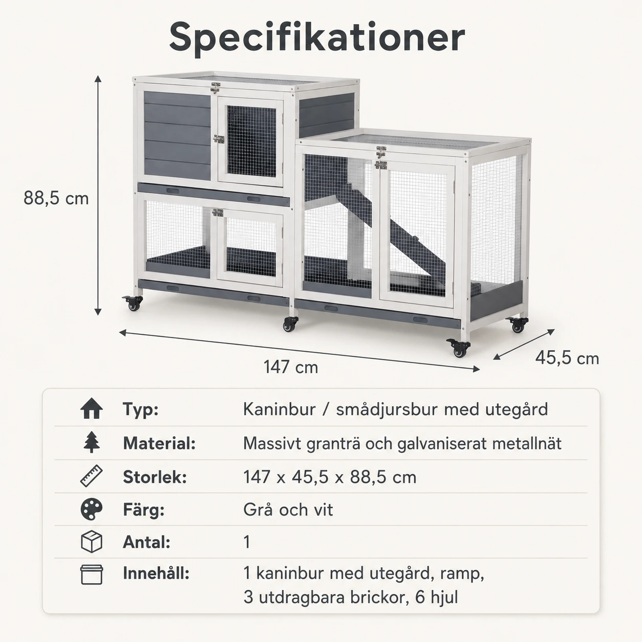 Kaninbur med utegård i trä och hjul