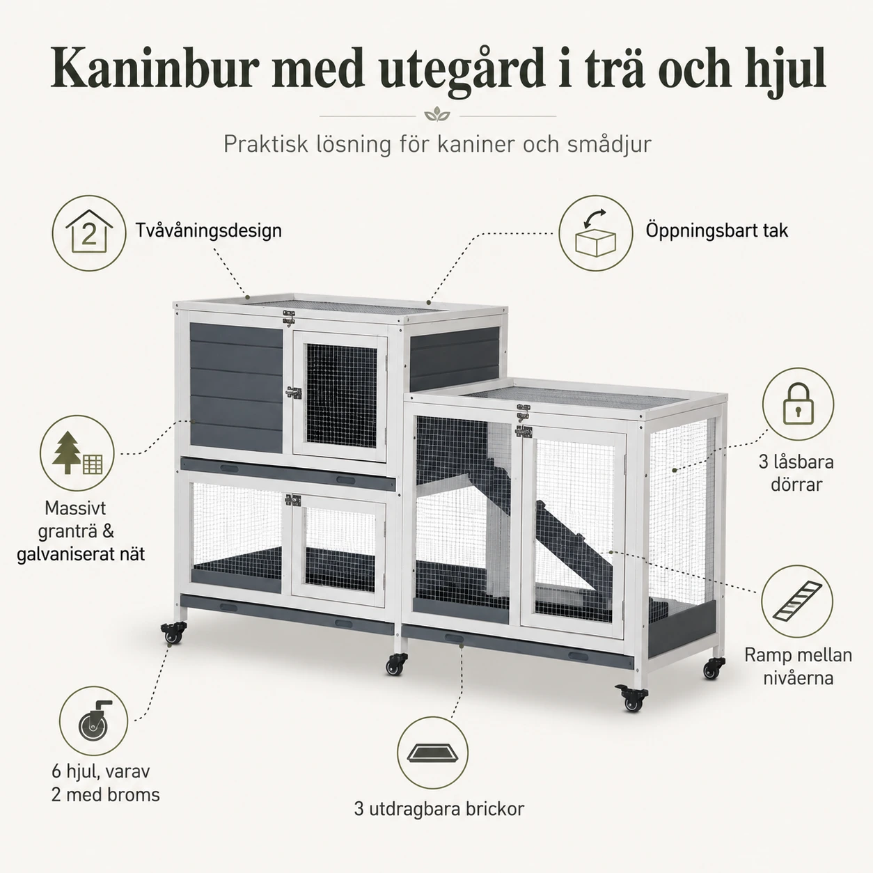 Kaninbur med utegård i trä och hjul