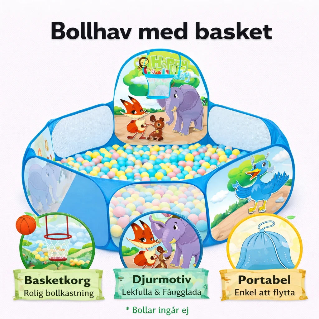 Bollhav med basket – blå lekpool med djurmotiv
