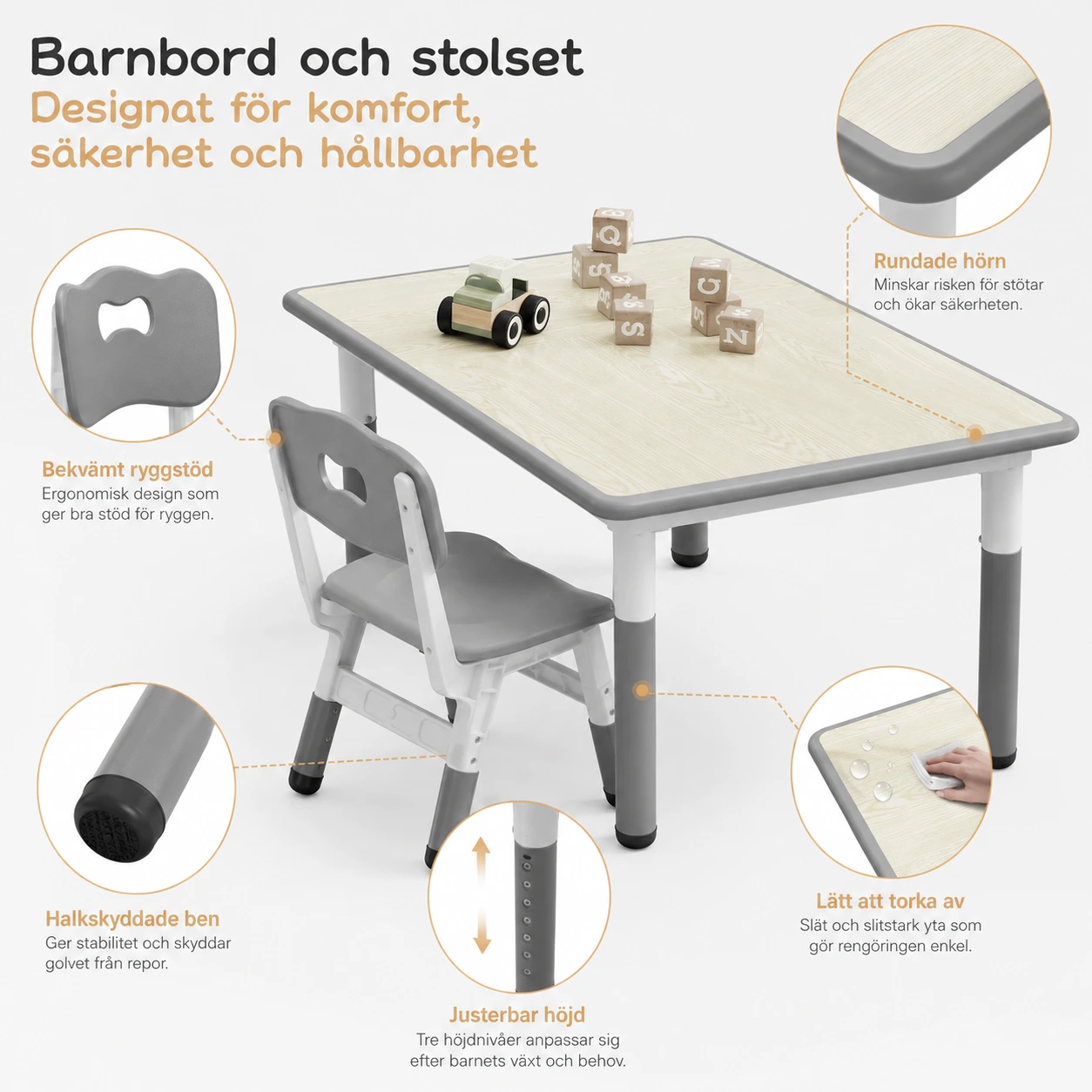 Justerbart barnbord med 4 stolar för hem och förskola