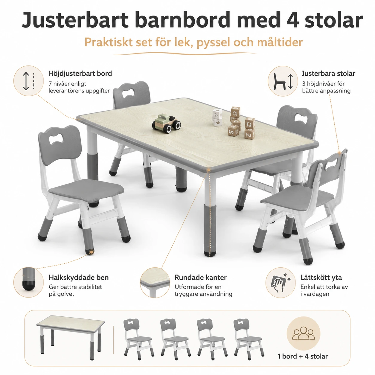 Justerbart barnbord med 4 stolar för hem och förskola